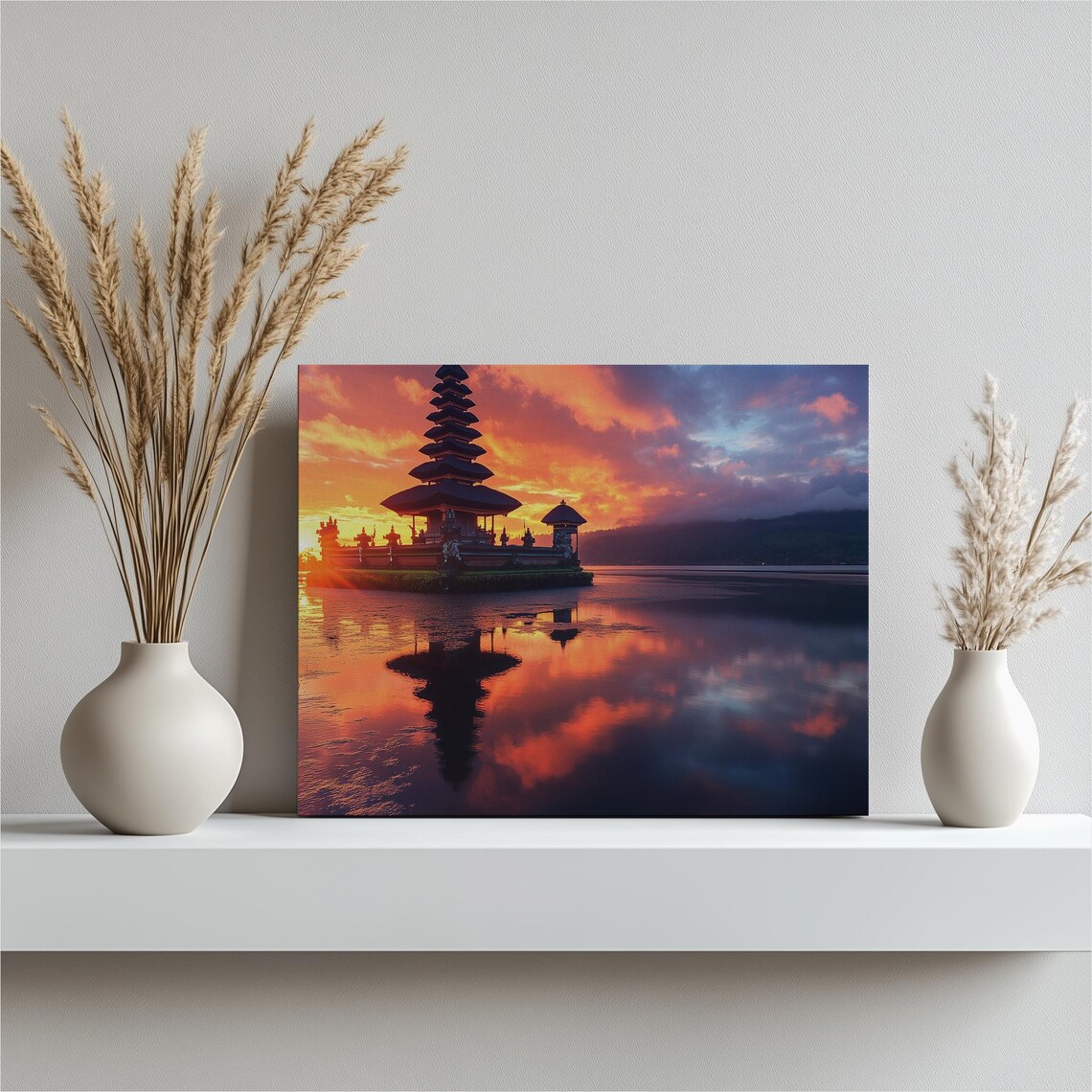 Bali Water Temple Sunset Fiery Sky Mirror Lake Reflection Poster