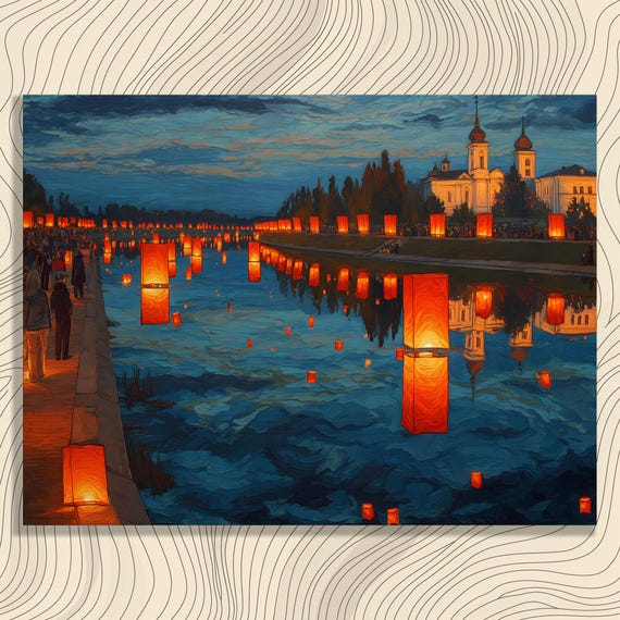 Serene Floating Lanterns Canvas Wall Art River Reflection Print Landscape Decor Evening Sky Festival Painting Night Light