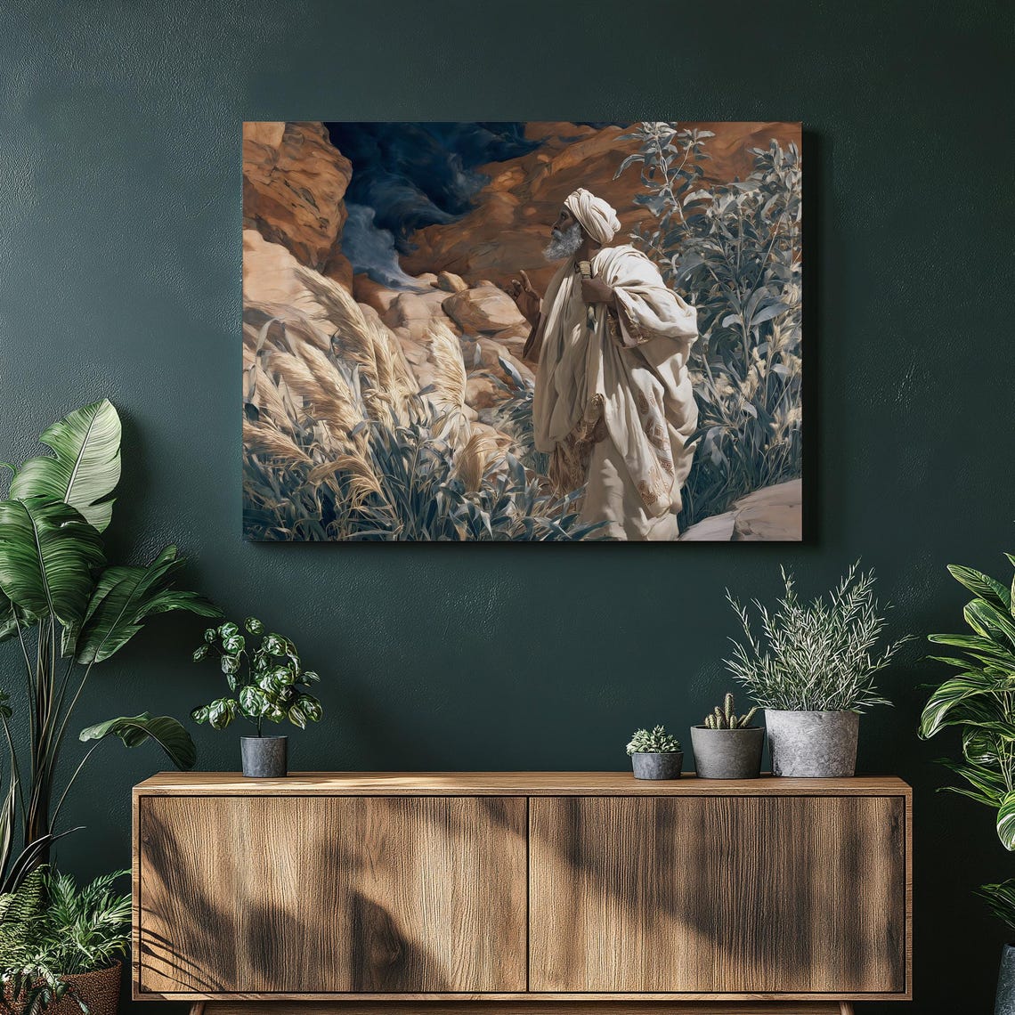 Elderly Robed Man Standing In Rocky Desert Canyon Spiritual Wall Art