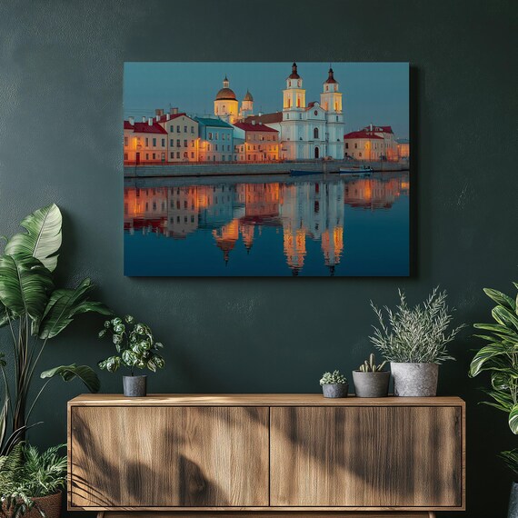 Majestic European Cathedral Canvas Wall Art Reflection Cityscape Print Waterfront Skyline Decor Poster Gift For Boat Lovers