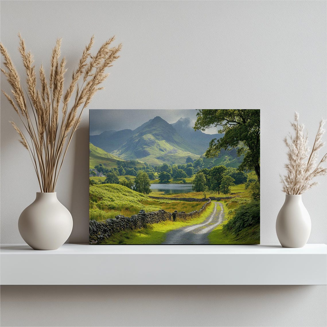 Green Mountain Valley Lake Stone Wall Country Road Scenic Poster