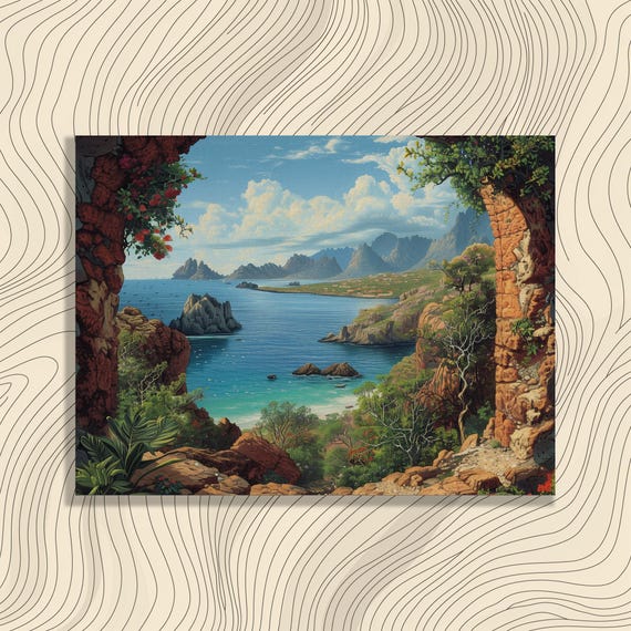 Galapagos Islands Canvas Wall Art Ecuador Wildlife Oil Painting Volcanic Landscape Blue Waters Detailed Flora Ornate Wooden Frame