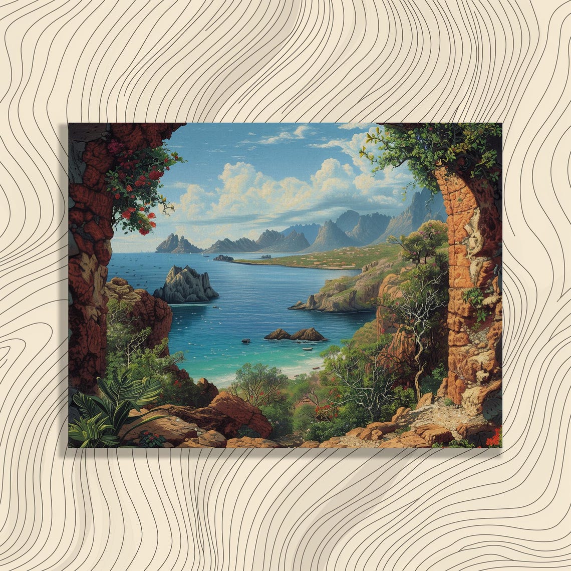 Tropical Bay View Through Red Rock Arch Volcano Coast Poster