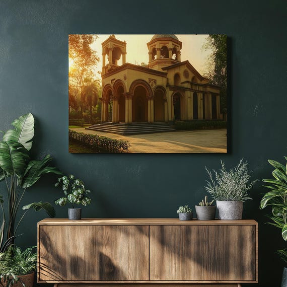 Sunlit Church Canvas Wall Art Vintage Architecture Print For Garden Decor