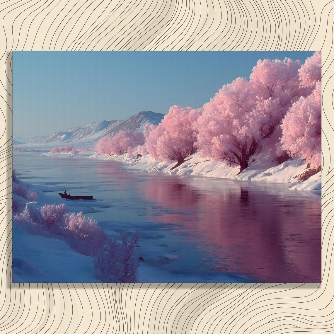 Winter River Landscape Pink Trees Snowy Mountains Lone Boat Art Poster