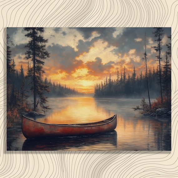 Red Canoe On Still Lake At Sunset Pine Forest Landscape Poster
