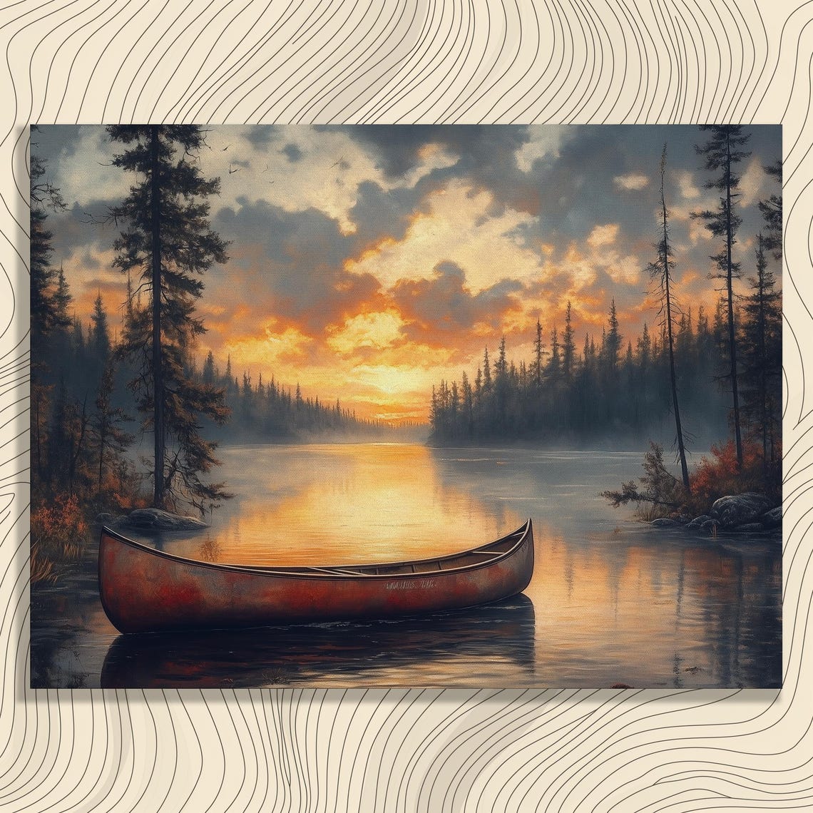 Red Canoe On Still Lake At Sunset Pine Forest Landscape Poster
