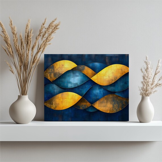 Abstract Blue Waves Canvas Wall Art Gold Metallic Texture Geometric Pattern Layered Shapes Luxury Decor Statement Piece Large Print