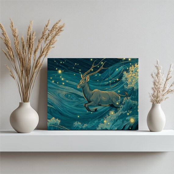 Deer Stag Canvas Wall Art Moonlit Wildlife Painting With Blue Green Waves And Fireflies Fantasy Nature Artwork In Modern Abstract Style