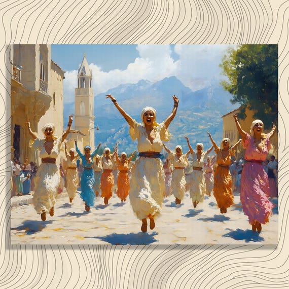 Lebanese Festival Dancers Canvas Wall Art Street Celebration Painting Of Traditional Folk Dance Parade In Mediterranean Mountain Town