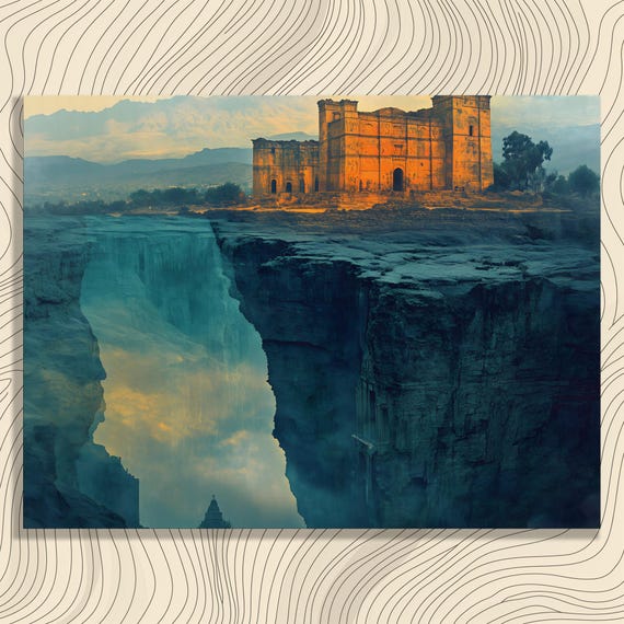 Surreal Ancient Fortress Canvas Wall Art Gothic Architecture Print With Canyon Landscape Mystery Dark Blue Orange Enthusiasts