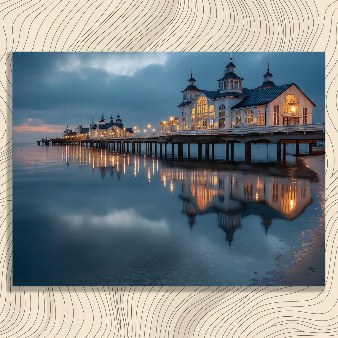 Illuminated Pier at Twilight Coastal Seascape Painting Poster