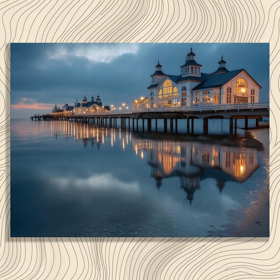 Illuminated Pier at Twilight Coastal Seascape Painting Poster