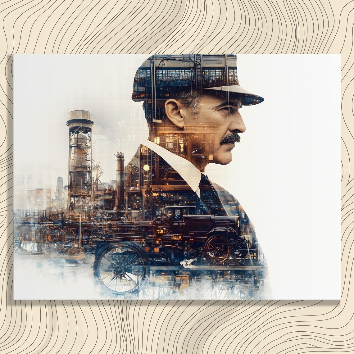 Vintage Industrial Double Exposure Gentleman Factory Automobile Art Poster