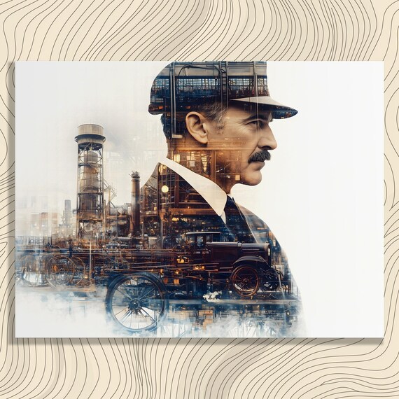 Vintage Industrial Double Exposure Gentleman Factory Automobile Art Poster