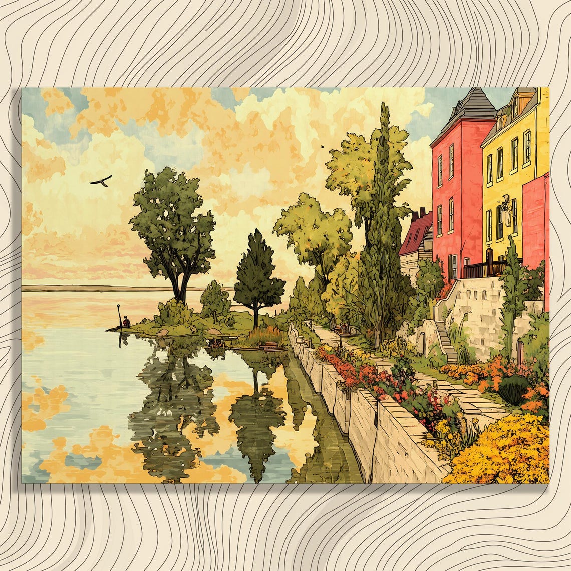 Charming Lakeside Promenade with Colorful Houses Scenery Art Poster