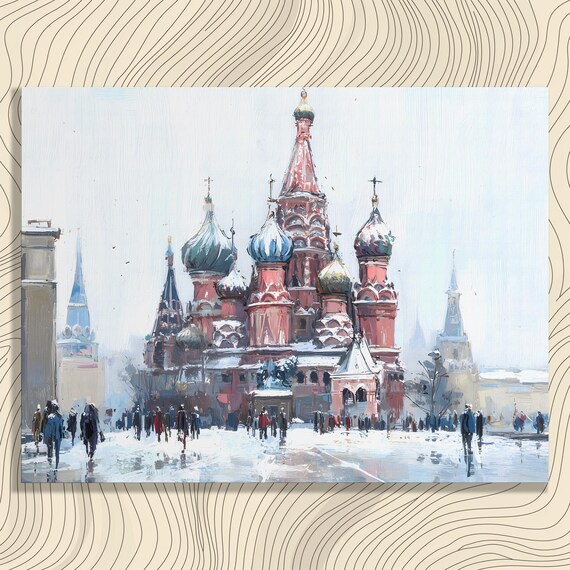 St Basil Moscow Canvas Wall Art Impressionist Winter Cityscape Of Red Square Onion Domes Cathedral Painting Urban
