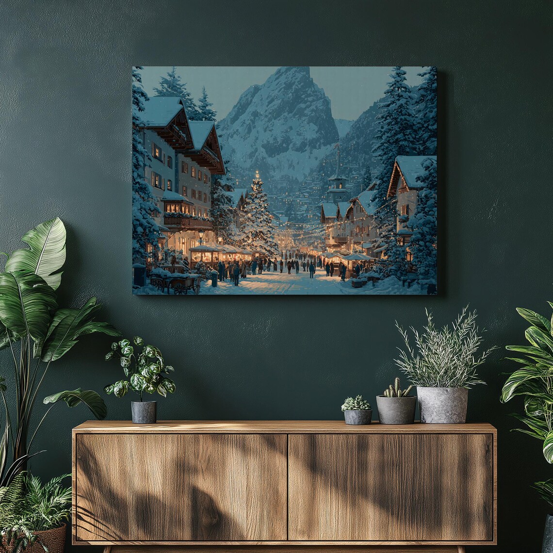 Snowy Alpine Village Christmas Market Lights Evening Canvas Poster