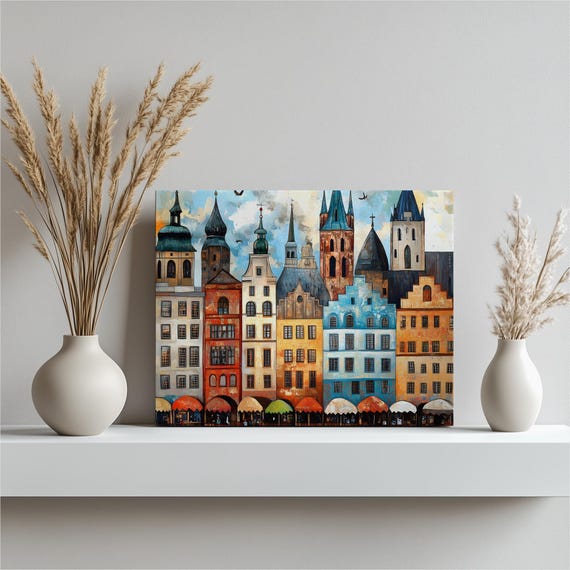 Krakow Market Square Canvas Wall Art Vibrant European Cityscape With Historic Buildings And Stalls
