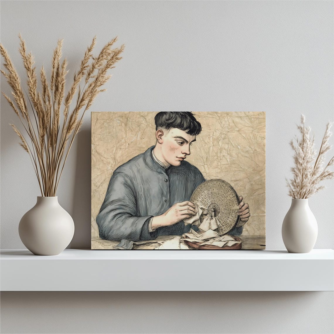 Vintage Steampunk Young Man Decoding Cipher Wheel Art Poster