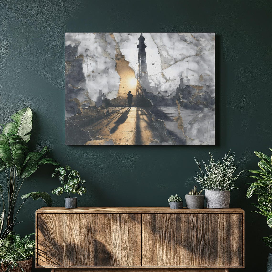 Urban Sunset Silhouette Lone Walker Industrial Mixed Media Art Poster