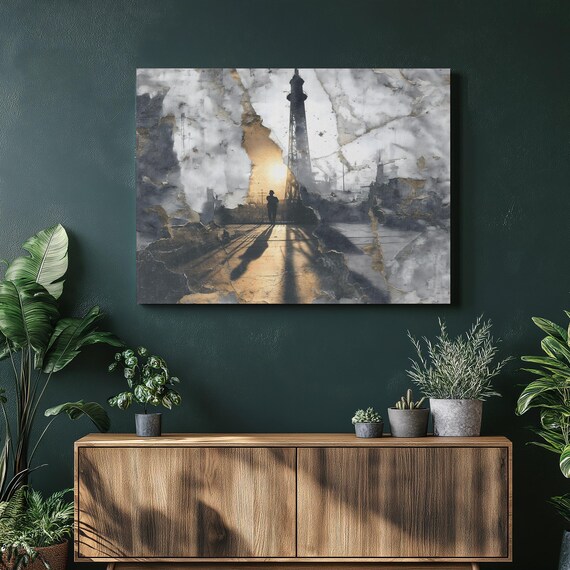 Urban Sunset Silhouette Canvas Wall Art Mixed Media Collage Industrial Tower Gold Leaf Modern Cityscape Print Contemporary Skyline