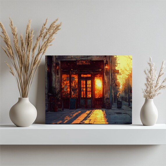 Sunset Cafe Storefront Canvas Wall Art Warm Orange Glow Urban City Street Print Cozy Evening Painting Cityscape Modern Decor