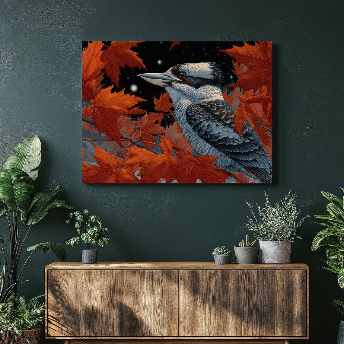 Kookaburra Among Red Maple Leaves Starry Night Illustration Poster