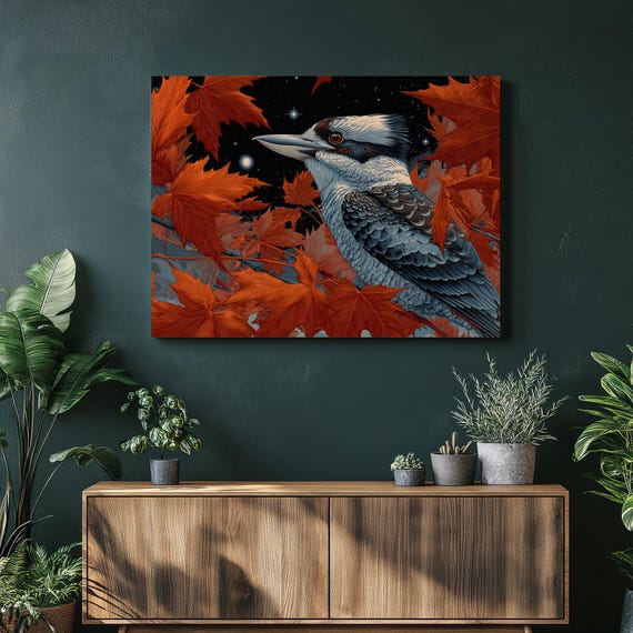 Kookaburra Night Canvas Wall Art Autumn Maple Leaves Starry Sky Modern Nature Decor Wildlife Print Illustration Painting Gift