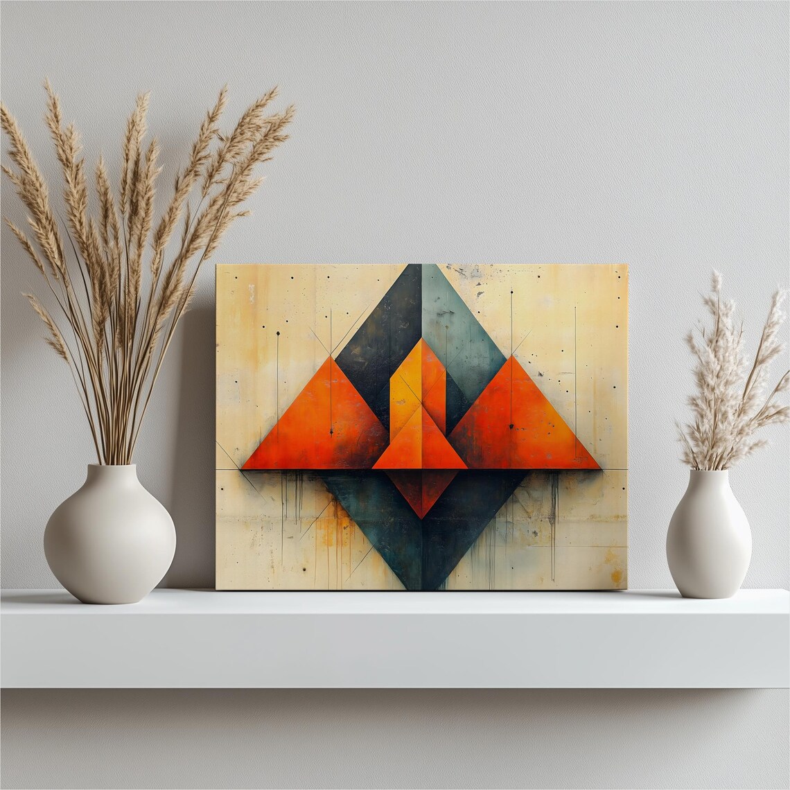 Geometric Triangles Canvas Wall Art Modern Orange And Teal Abstract Decor