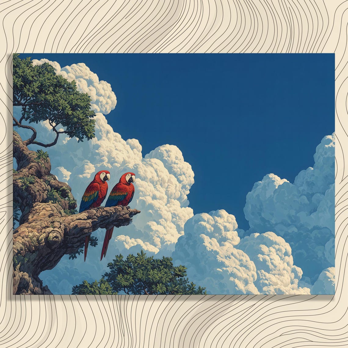 Pair Of Scarlet Macaws Perched Under Dramatic Blue Clouds Poster