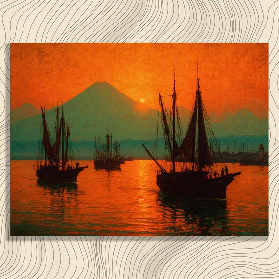 Sailboats At Sunset With Volcano Mountain Textured Seascape Painting Poster