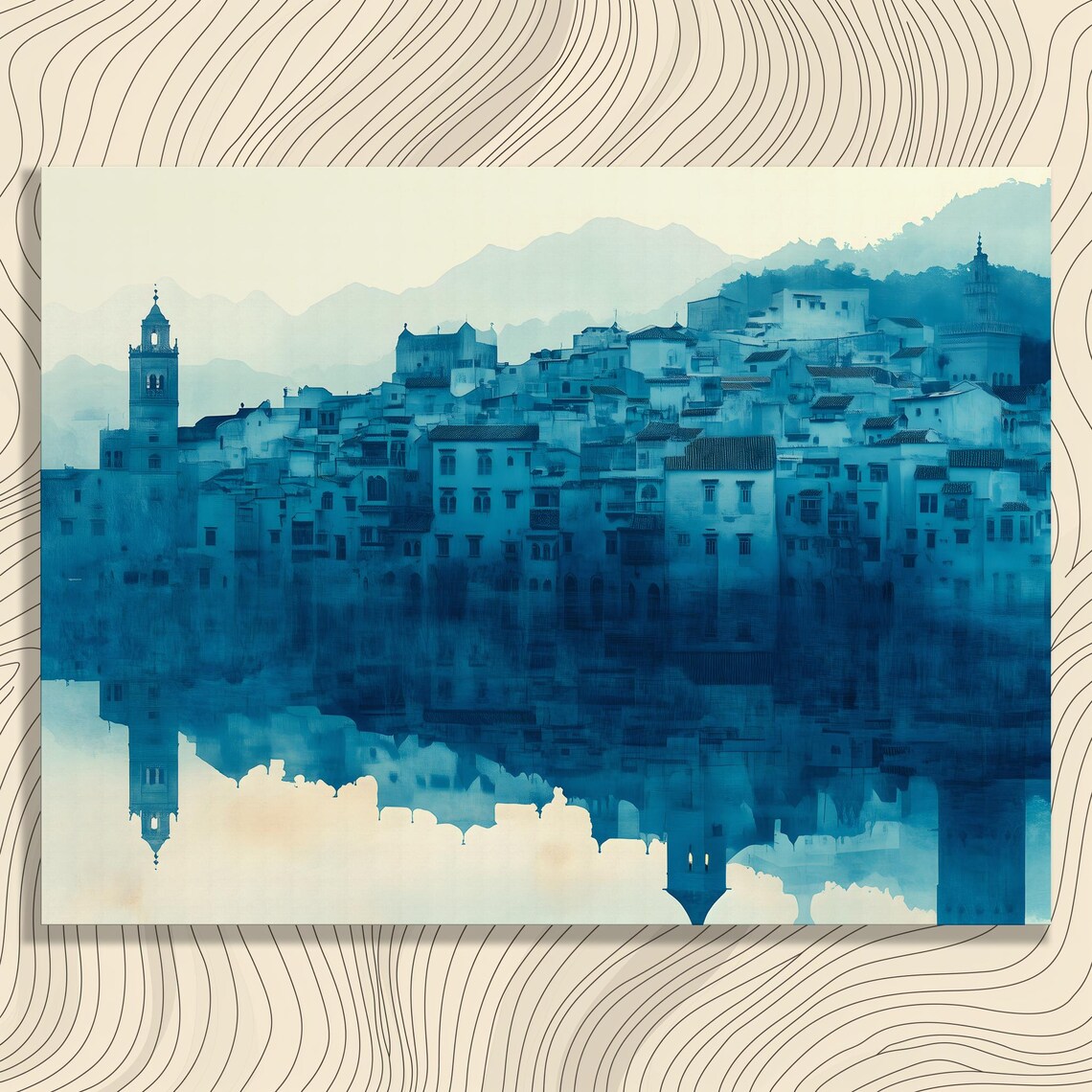 Serene Cityscape Canvas Wall Art Tranquil Mountain Reflection Watercolor Print In Blue Coastal Tropical Unique Decor