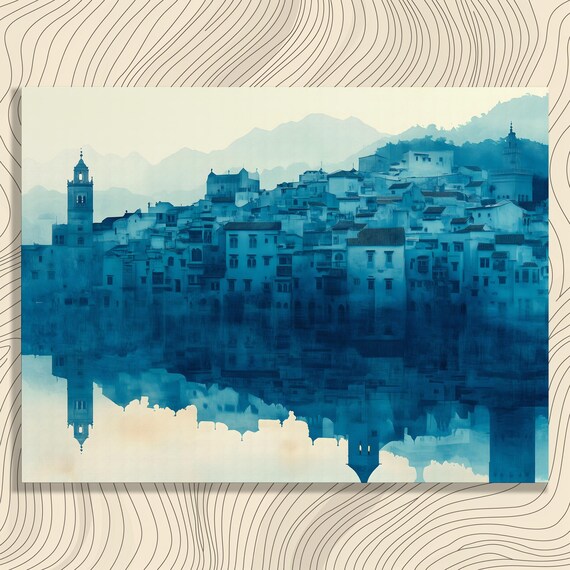 Serene Cityscape Canvas Wall Art Tranquil Mountain Reflection Watercolor Print In Blue Coastal Tropical Unique Decor