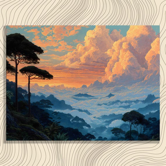 Colorful Mountain Landscape Canvas Wall Art Tropical Forest Sunset Sky Nature Painting Misty Range Scenery Large Print