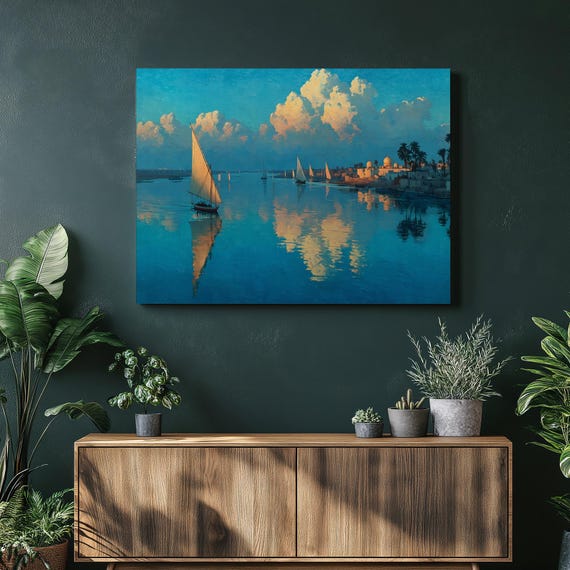 Egyptian River Canvas Wall Art Tranquil Nile Felucca Sailboat Sunrise Reflection Print Tropical Palm Silhouette Domed Architecture Decor