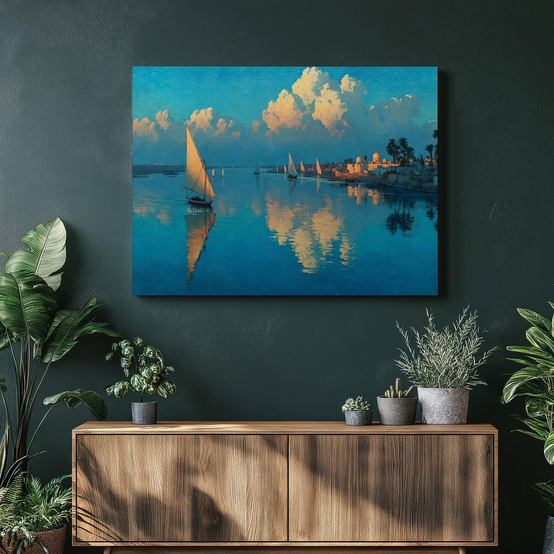 Nile Felucca Sailboats Sunrise Egyptian River Palm Painting Poster