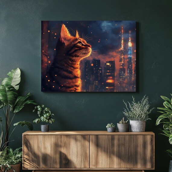 Tabby Cat Gazing Night City Skyline Cinematic Poster Feline Art