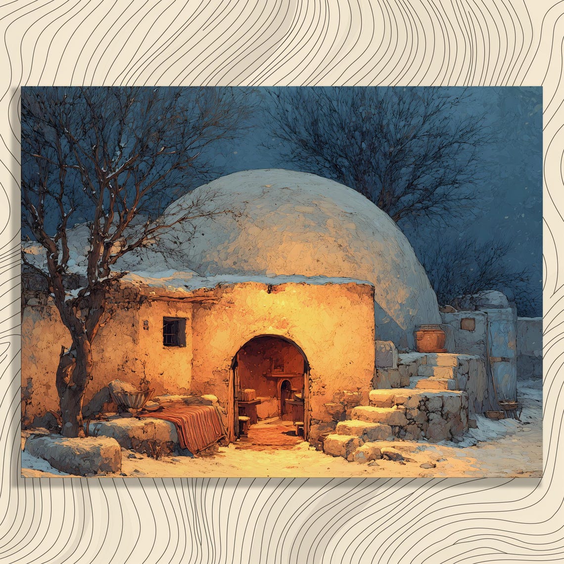 Winter Adobe Dome House with Glowing Doorway at Night Poster