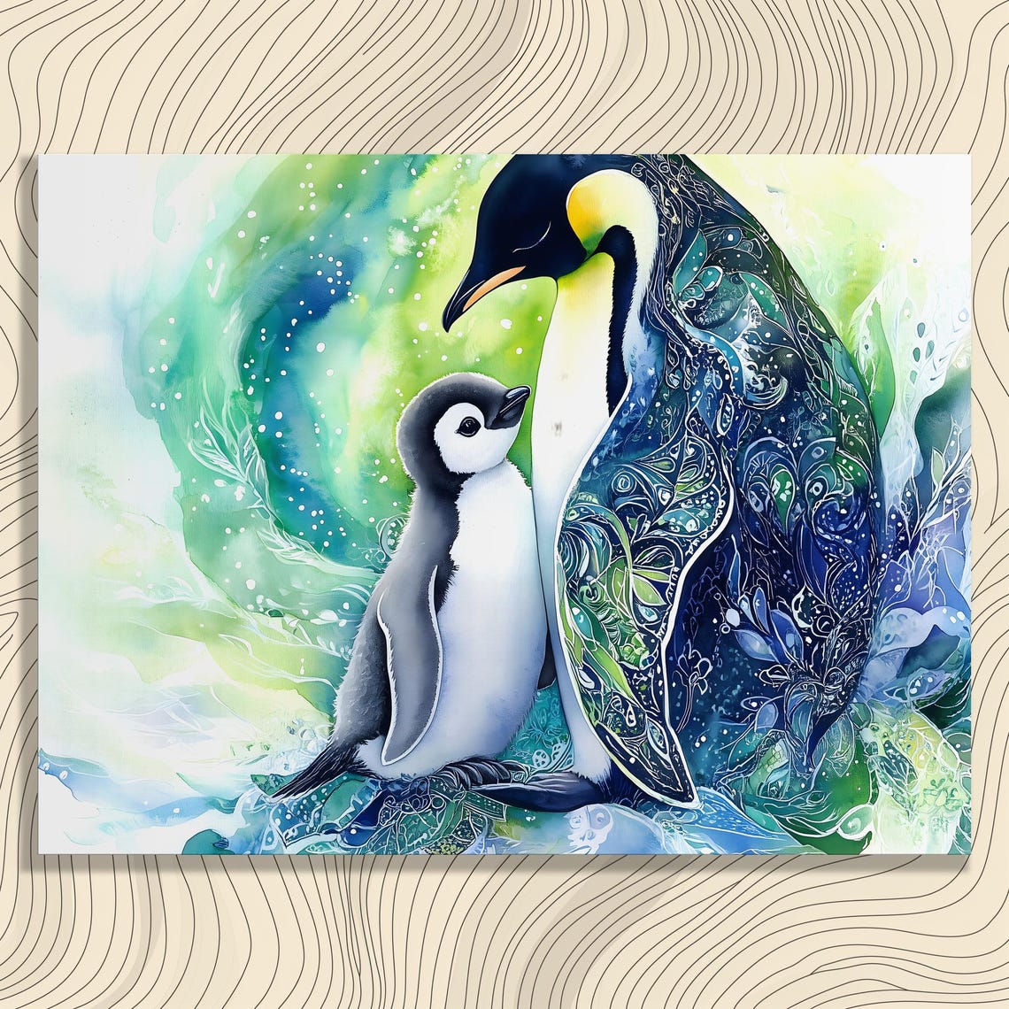 Emperor Penguin Mother Chick Aurora Watercolor Wildlife Art Poster