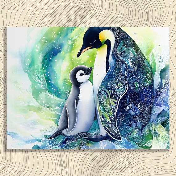 Vibrant Penguin Canvas Wall Art Colorful Watercolor Painting Arctic Mother Chick Aurora Lights Nature Decor Wildlife Print