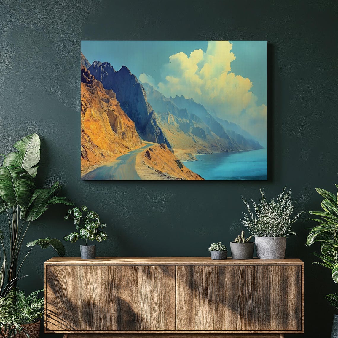Winding Coastal Mountain Road Cliffs Turquoise Ocean Landscape Poster
