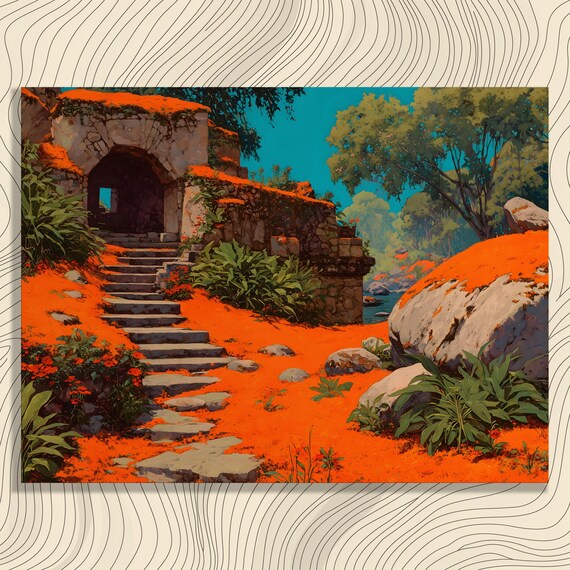 Orange Bloom Ruins Stone Arch Forest Fantasy Landscape Poster
