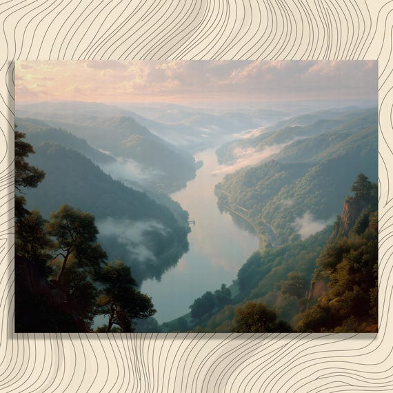 Misty River Sunrise Canvas Wall Art Tranquil Valley Scenery Print Nature Decor Mountains Artwork Forest Mist Colorful Clouds
