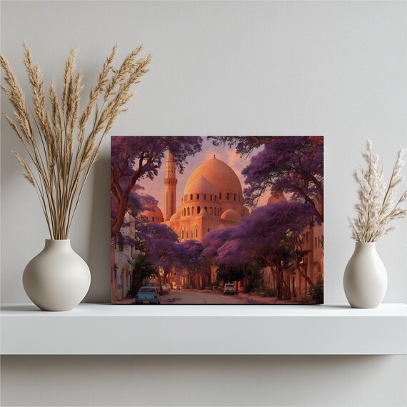 Surreal Mosque Sunset Canvas Wall Art Colorful Cityscape Purple Blossoms Orange Dome Architecture Travel Decor Wrapped
