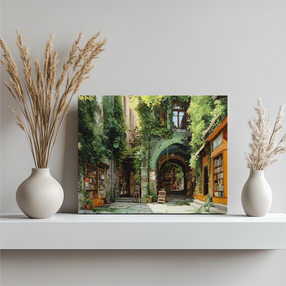 Sunlit Bookstore Courtyard Ivy Archway Outdoor Bookshelves Painting Poster