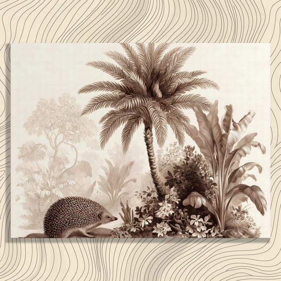 Vintage Tropical Hedgehog Canvas Wall Art Botanical Illustration Palm Tree Print Sepia Foliage Banana Leaf Wildlife Nature