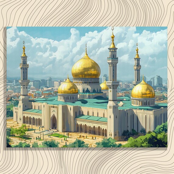 Grand Mosque Canvas Wall Art Gold Dome Cityscape Print Decor Classic Islamic Architecture Painting Gift For Enthusiasts
