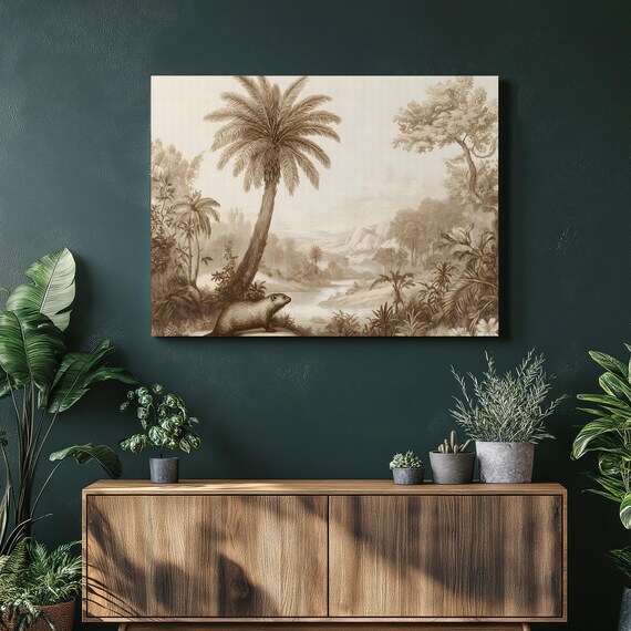 Vintage Sepia Tropical Jungle River Landscape Wildlife Poster