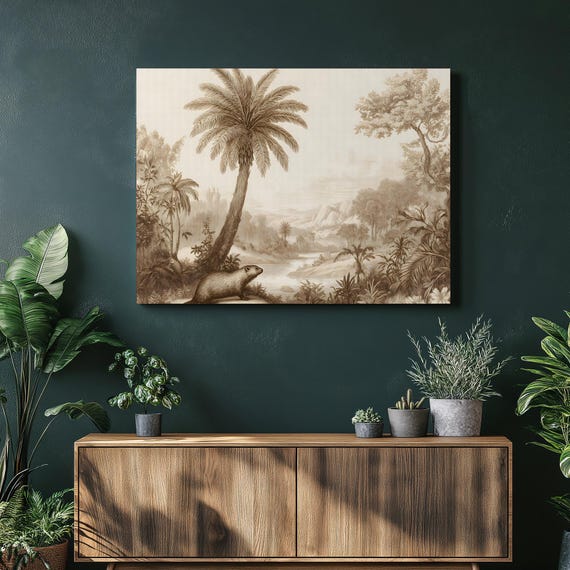 Vintage Wildlife Riverbank Canvas Wall Art Sepia Landscape Beaver Tropical Palms Engraving Painting Decor Gift